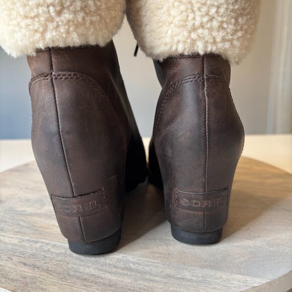 Sorel Conquest Wedge II Shearling Lace Up Boots Brown Leather Size 8 - Picture 7 of 12